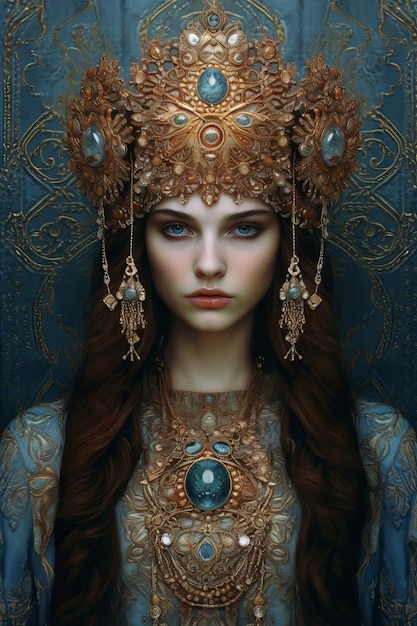 A woman with a golden crown and blue eyes