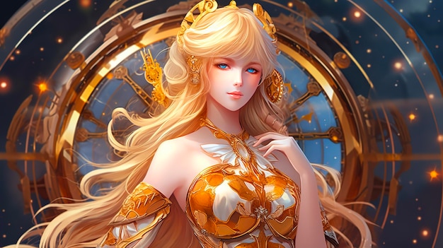 A woman with a golden dress and gold hair stands in front of a clock.