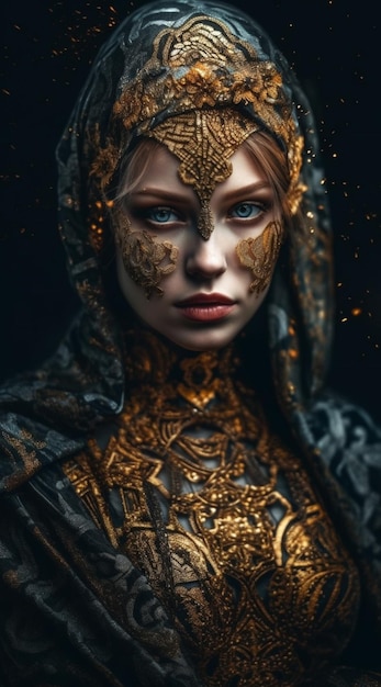 A woman with a golden face and a gold mask.