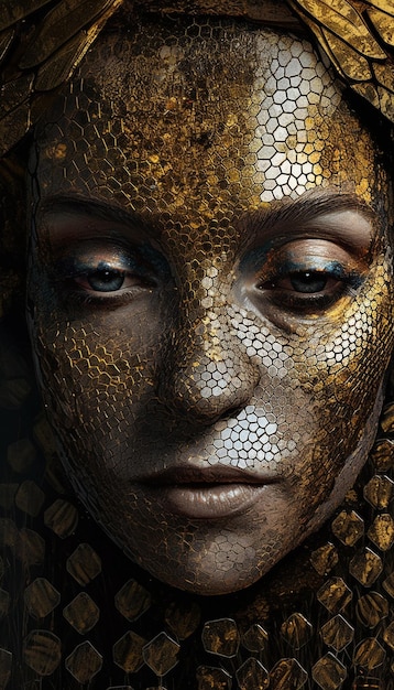 A woman with a golden face and a gold mask