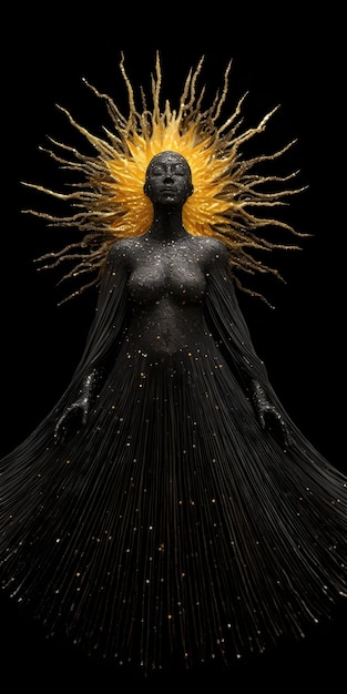 A woman with a golden halo on her head