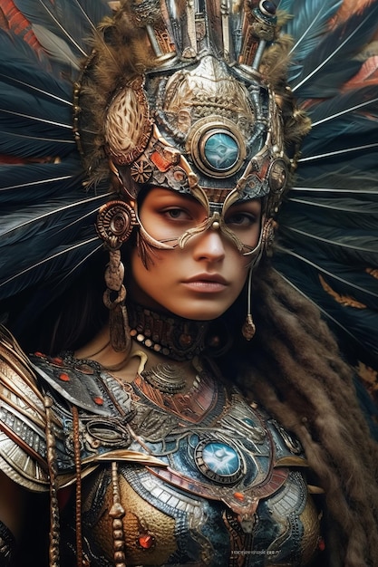 A woman with a golden headdress and a blue feather on her head.