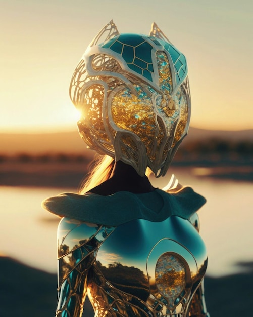 A woman with a golden helmet on her head stands in front of a sunset.