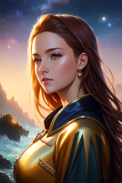 A woman with a golden necklace and a gold necklace stands in front of a mountain landscape.