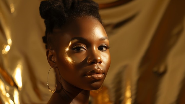 A woman with golden skin and a gold face paint