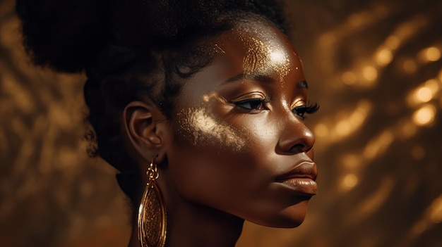 A woman with golden skin and gold makeup