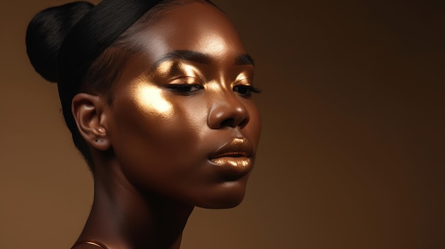 A woman with golden skin and makeup