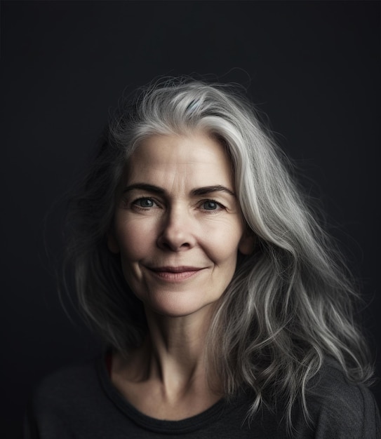 A woman with gray hair and a blue eye is standing in front of a black background