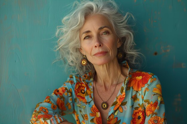 a woman with gray hair and a blue shirt with orange flowers on it