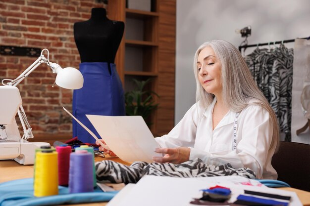 Woman with gray hair fashion designer Looks at the sketches of a new collection of clothes against the background of a mannequin and a sewing machine