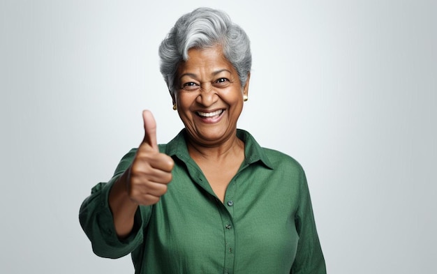 A woman with gray hair giving a thumbs up sign.