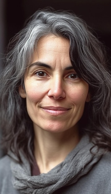 A woman with gray hair and a grey shirt smiles at the camera.