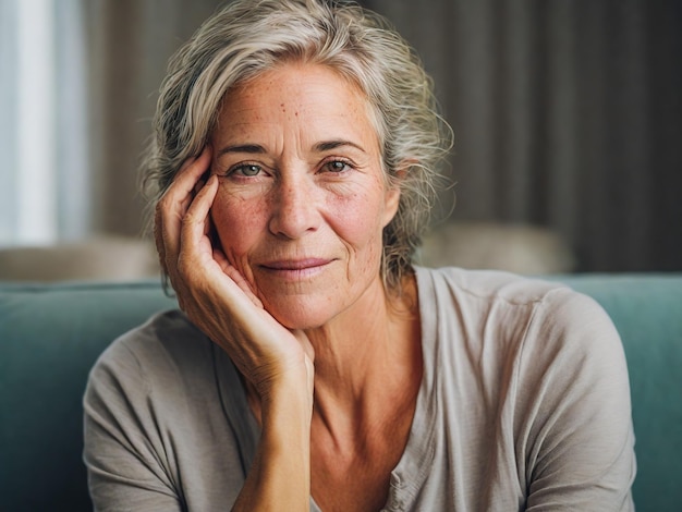 a woman with gray hair is sitting on a couch