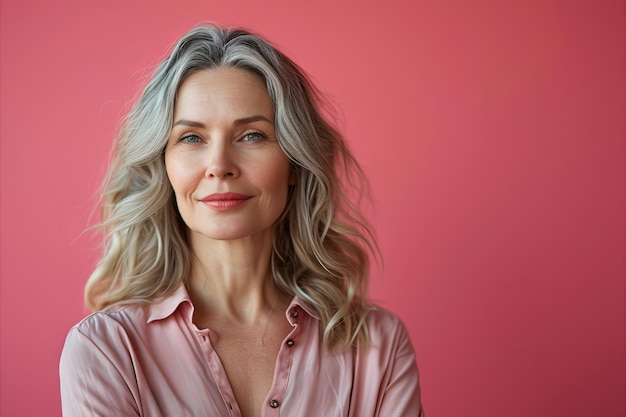 A woman with gray hair posing against a pink background