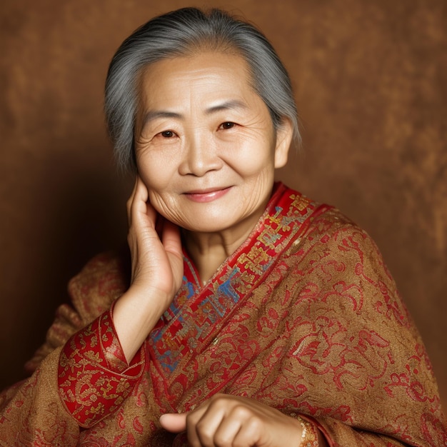 A woman with gray hair and a red and gold scarf.