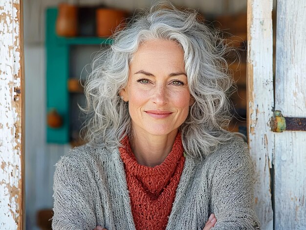 A woman with gray hair and a red scarf is smiling