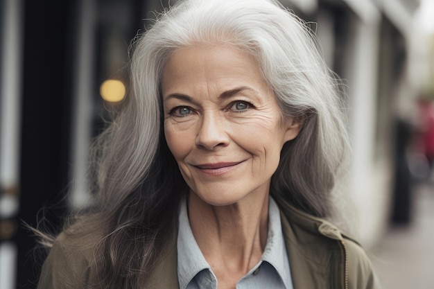 A woman with gray hair smiles for the camera.