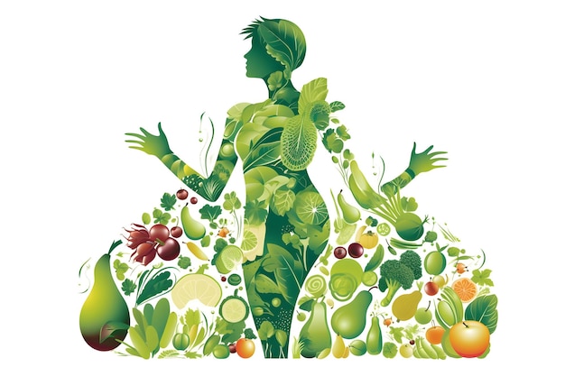 A woman with a green background with fruits and vegetables.