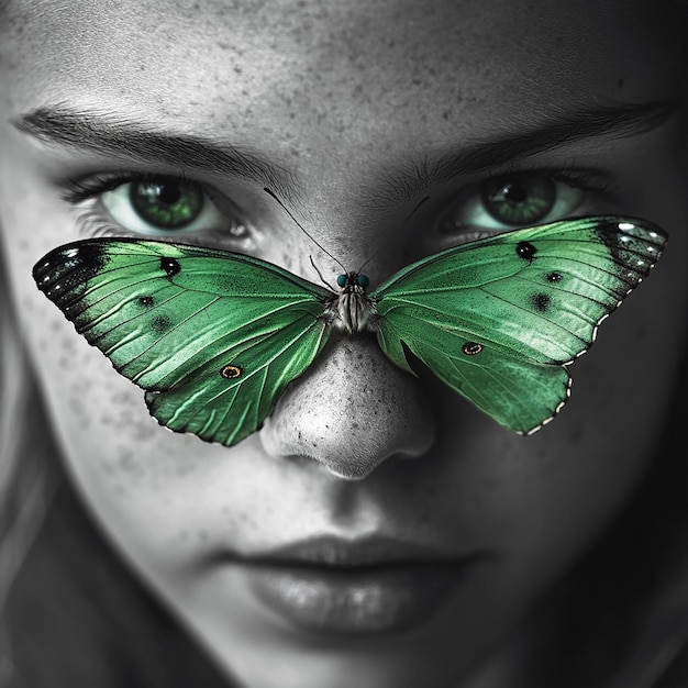 Photo a woman with green butterflies on her face and the word butterfly on her face