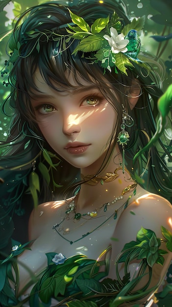 a woman with a green dress and a green necklace with the sun shining through her eyes