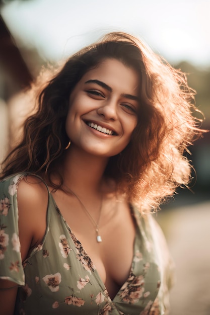 A woman with a green dress and a necklace that says'happy woman '