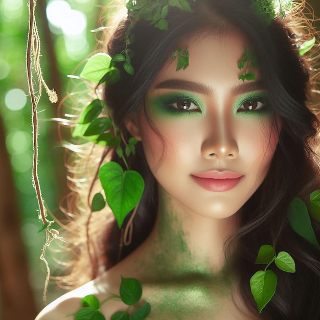 a woman with green eye makeup and a green eye shadow Beautiful Girl in Magical Spring Garden