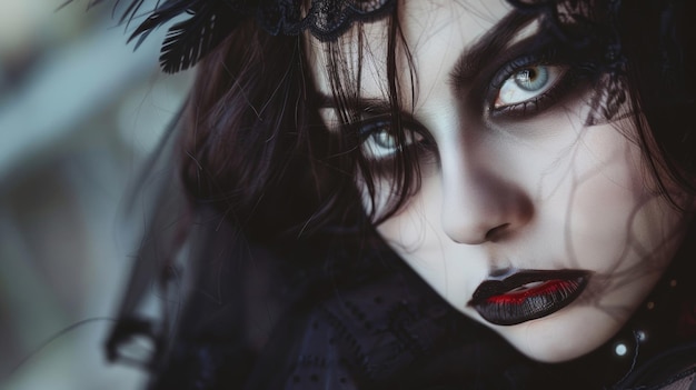 a woman with green eyes and black makeup is posing in front of a window