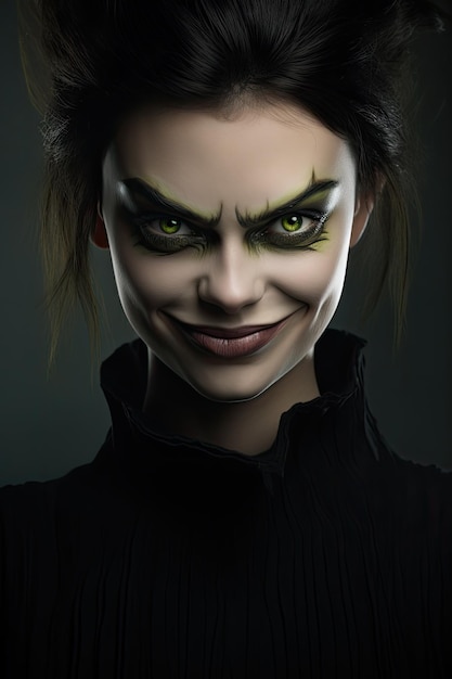 a woman with green eyes and black makeup