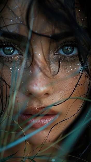 a woman with green eyes and a blue eyes has a white glitter on her face