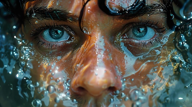 a woman with green eyes and a blue eyes looking up