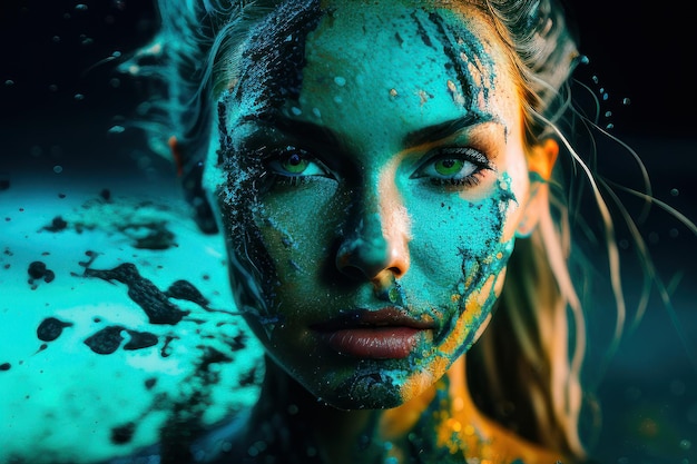 A woman with green eyes and blue paint on her face