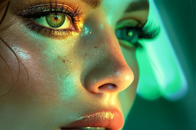 A woman with green eyes and glowing makeup