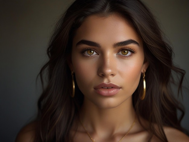 a woman with green eyes and a gold chain around her neck