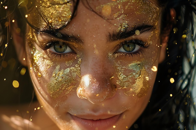 Photo a woman with green eyes and a gold glitter on her face