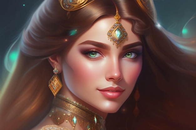 A woman with green eyes and a gold necklace