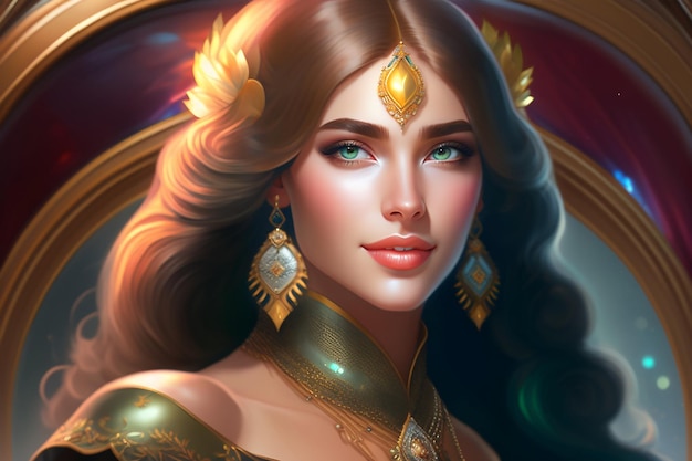 A woman with green eyes and a gold necklace