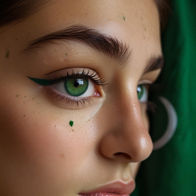 Photo a woman with green eyes and a green eye with green spots on her face