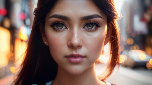 A woman with green eyes and green eyes looks into the camera