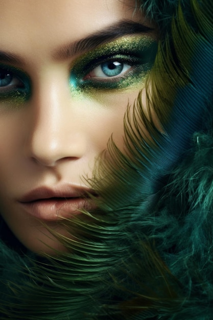 A woman with green eyes and a green feather on her face