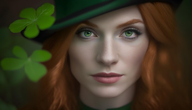 A woman with green eyes and a green hat with the word leprechaun on it