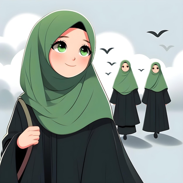 a woman with green eyes and a green scarf is standing in the clouds