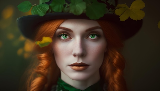 A woman with green eyes and a hat with a green leaf on her head