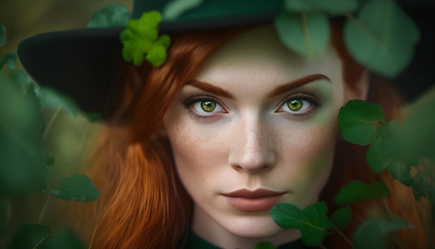 A woman with green eyes and a hat with the word leprechaun on it