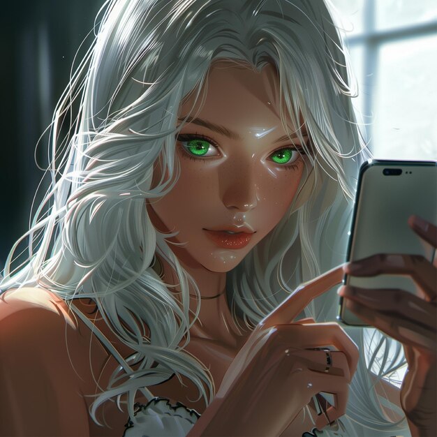 a woman with green eyes is holding a phone with a picture of a woman holding a phone