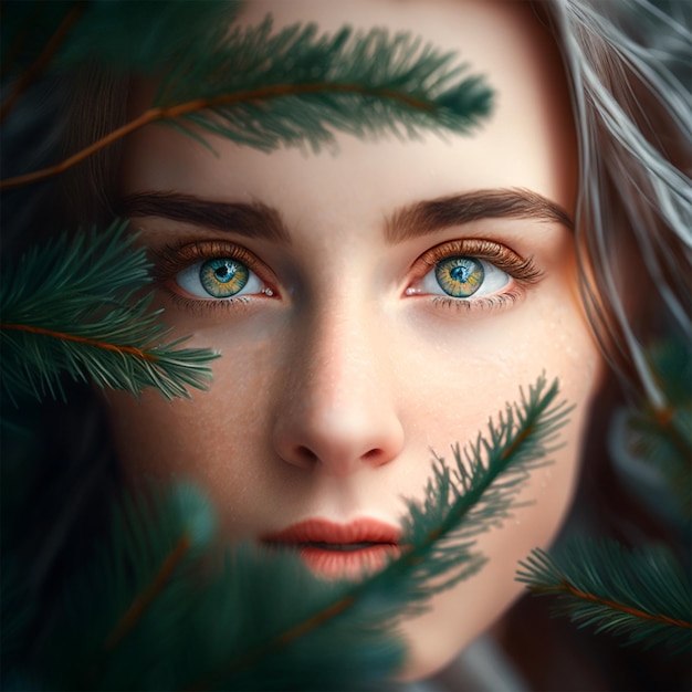 Woman with green eyes and pine branches