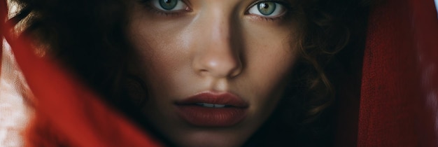 a woman with green eyes and a red shirt