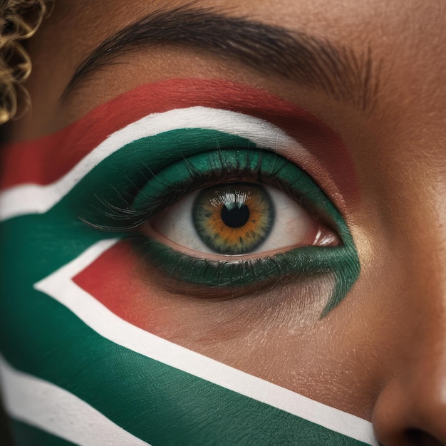 A woman with green eyes and red white and blue makeup on her face is looking to the side