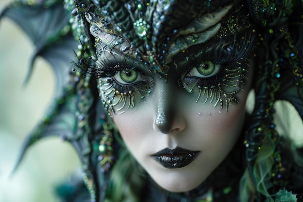 Photo a woman with green eyes and silver makeup is posing with a green dragon