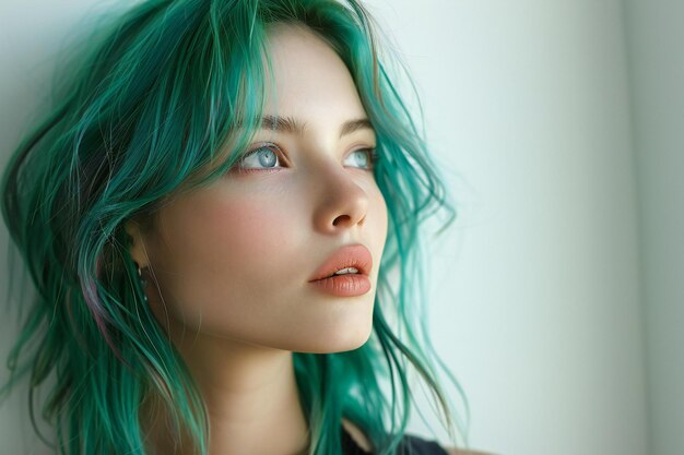 Photo a woman with green hair and a blue eye and a green hairline