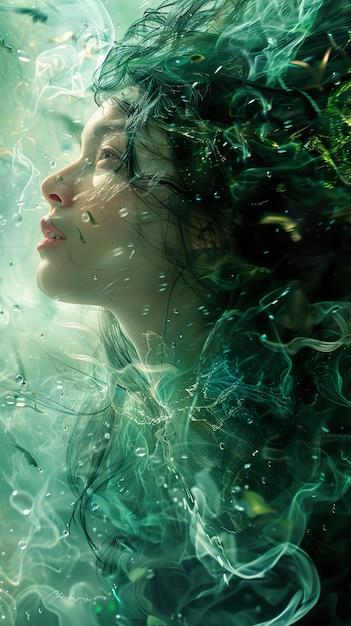 a woman with a green hair and a body of water with the words  the word  on it